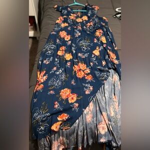 Elegant Floral High-Low Skirt in Blue and Orange